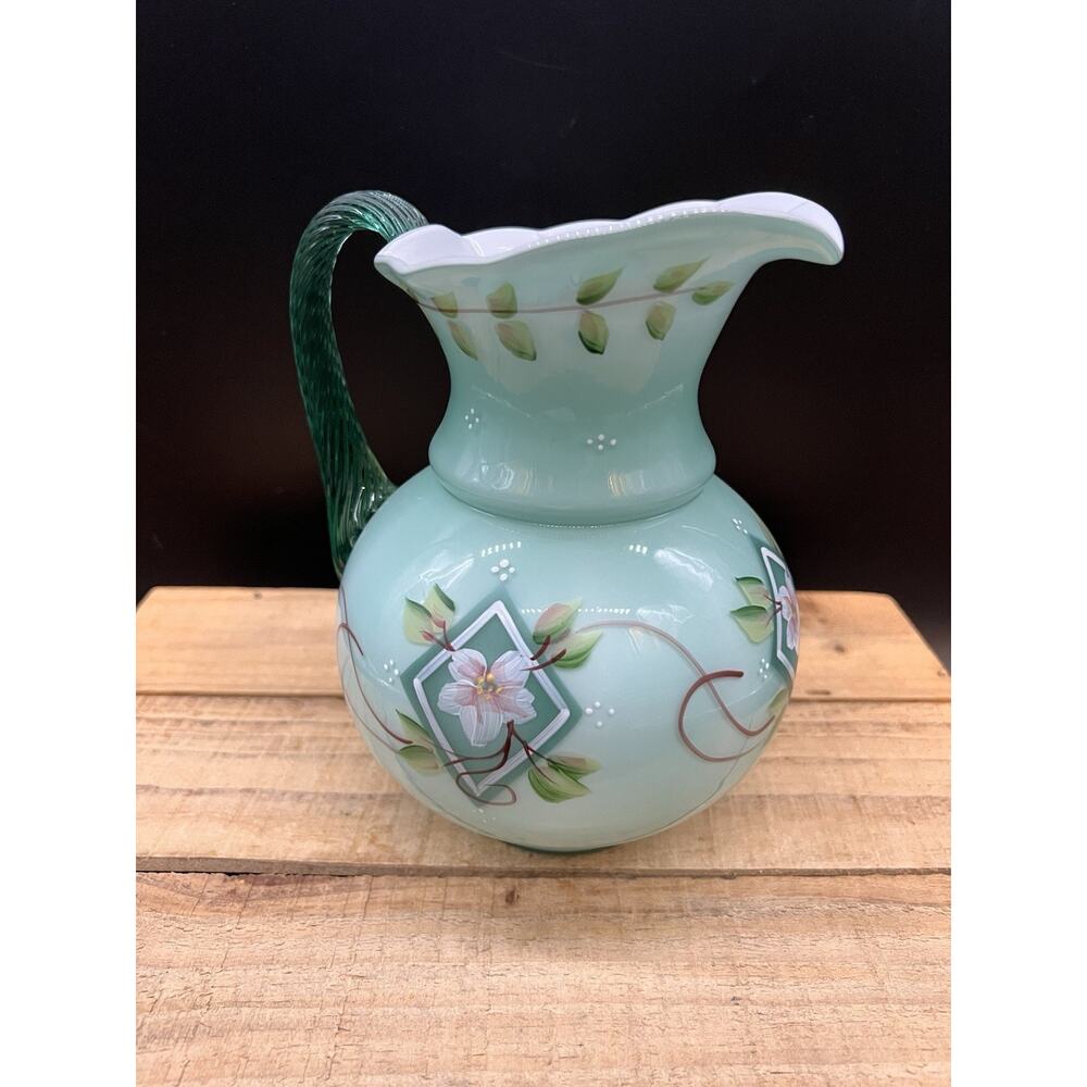 Fenton 75TH Anniversary Cased Glass Pitcher Turquoise With Applied Handle Signed